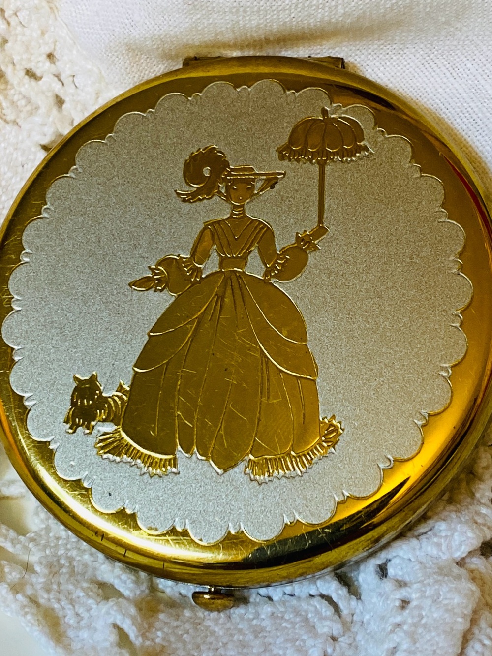 Vintage Wadsworth  1950s Gold Tone Compact Case Southern Belle Parasol Motif